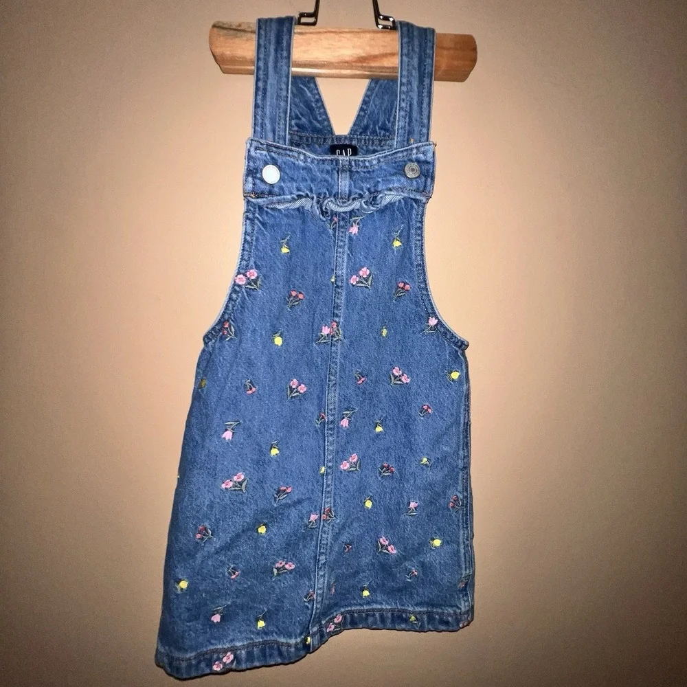 Embroidered Floral Denim Dress Overalls 5 Gap Kids Girl Ruffle Country Kidcore